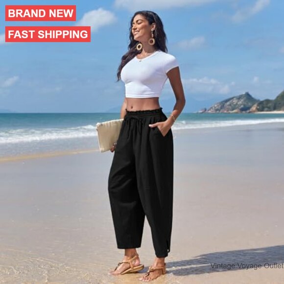 Wide Leg Harem Pants with Drawstring Waist and Pockets Casual Loose Fit - Picture 3 of 7